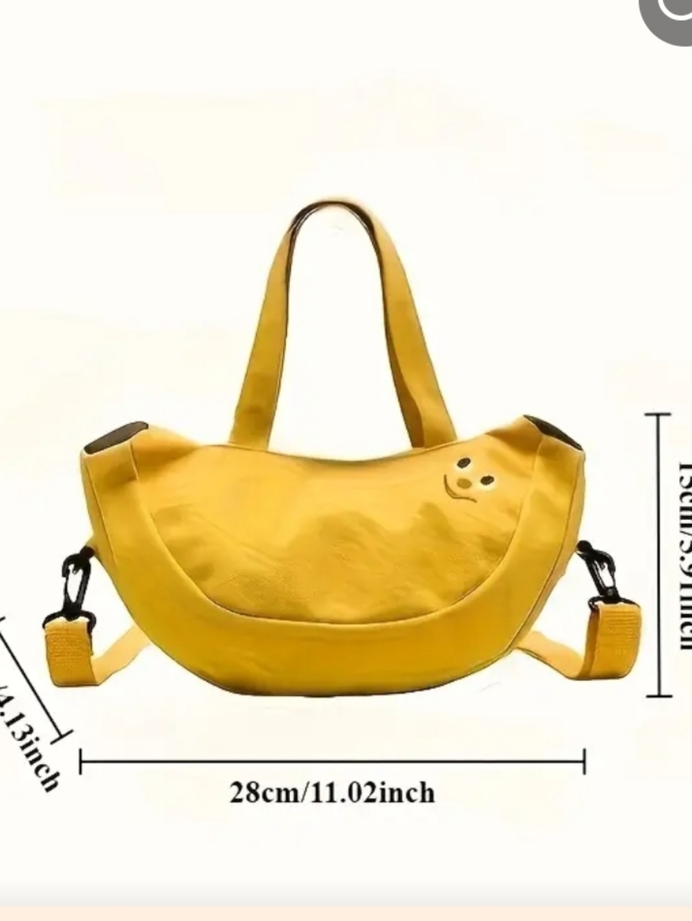 Yellow Banana Crossbody Canvas Crescent Tote Bag with Smiley Accent - Picture 9 of 9